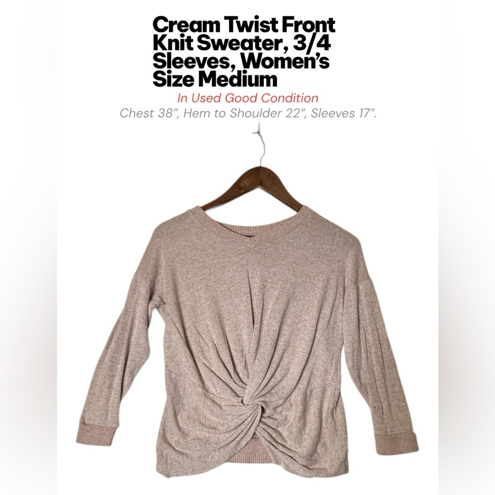 Cream Twist Front V-Neck Knit Sweater | 3/4 Sleeve Soft Layering Top Size Medium